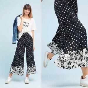 Anthropologie Chesapeake Wide-Legs Black White Polka Dot Floral Pants Size 6